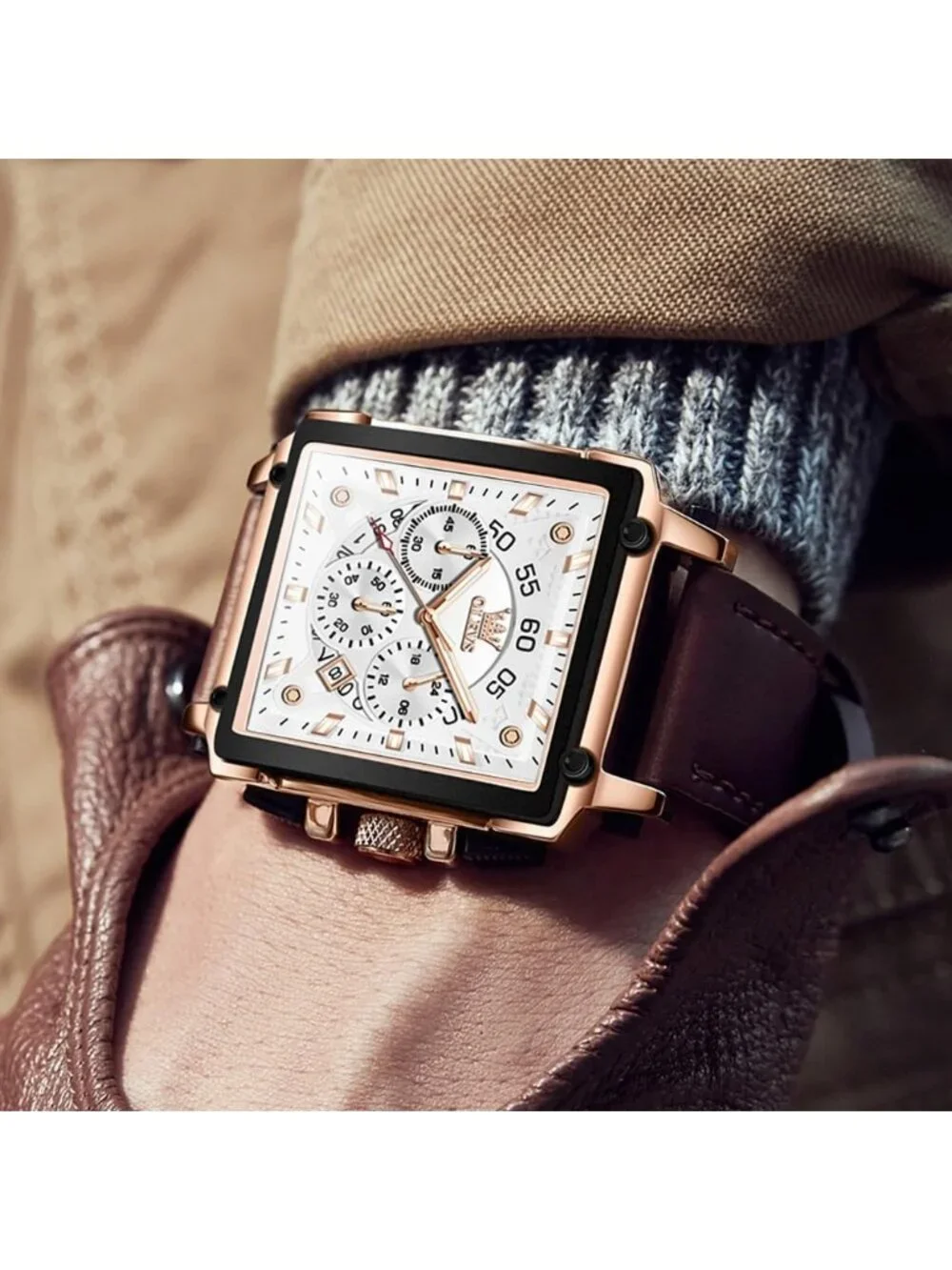 Men's White Quartz Leather Strap Waterproof Casual Trendy Square Dial Wristwatch